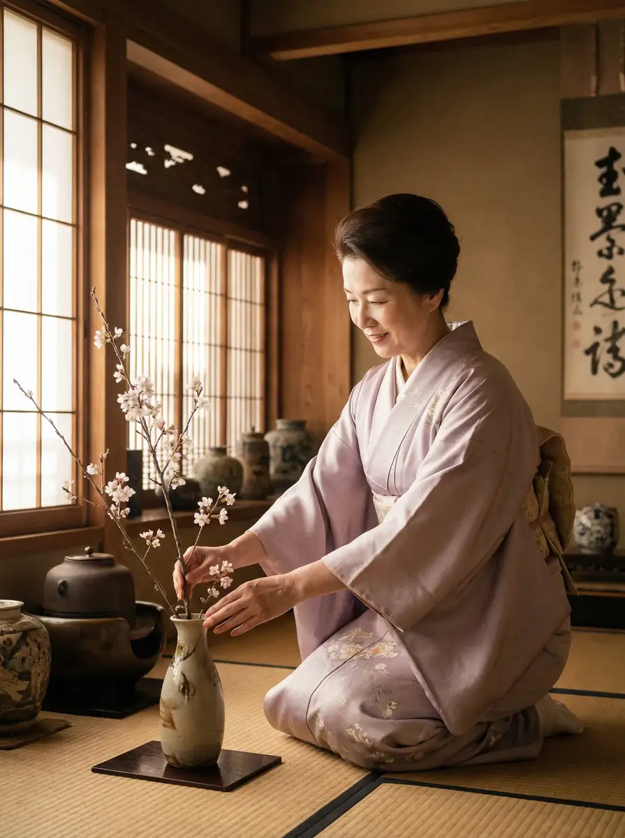 一位优雅的 JAPONENSIS水多多 在和室中插花