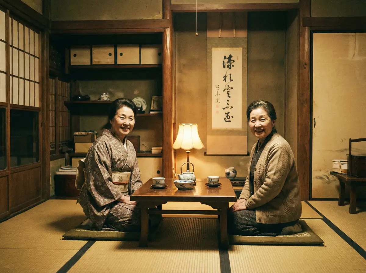 两位优雅的 JAPONENSIS水多多 在日式茶室中品茶交谈
